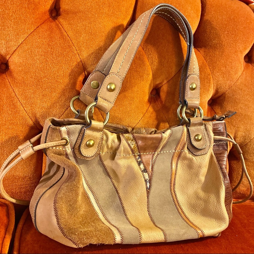 Leather Fossil Brand Patchwork Purse, top zip, brown, shoulder bag, medium size
